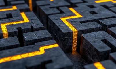 Abstract maze of dark blocks with orange glowing pathways and illumination