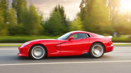 Fototapeta premium A red sports car speeds down an open road, passing by trees near the roadside,