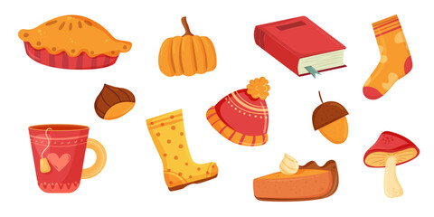 Autumn Elements Collection - Pie, Pumpkin, Chestnut, Chestnut, Book, Sock, Tea, Boot, Cake, Mushroom, Hat - Cozy and Warm Illustrations for the Fall Season