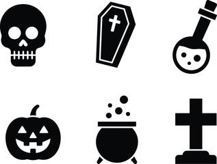 A collection of six black Halloween icons on a white background, featuring a skull, coffin, potion bottle, jack-o'-lantern, cauldron, and a tombstone, illustrating a spooky and festive theme.