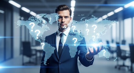 Businessman Holding a Digital World Map Filled with Question Marks Symbolizing Global Challenges and Strategic Decision