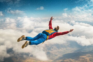 Adventurous person freefalling through the clouds during a tandem skydive