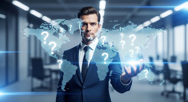 Businessman Holding a Digital World Map Filled with Question Marks Symbolizing Global Challenges and Strategic Decision