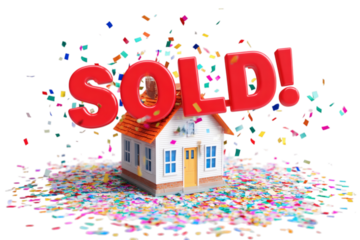 Red sold sign above toy house with confetti isolated on transparent background