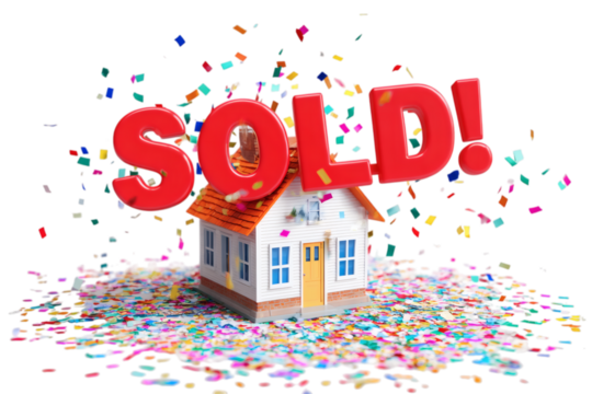 Red sold sign above toy house with confetti isolated on transparent background - Powered by Adobe