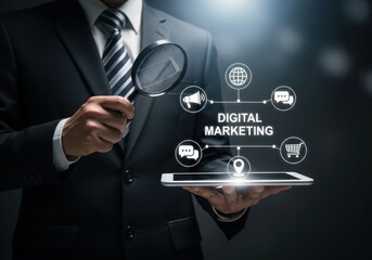 Photo of digital marketing concept with icons representing various online channels and strategies, analyzed by a businessman with a magnifying glass over a tablet