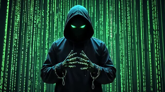 Mysterious figure in a black hoodie with glowing green eyes standing in front of digital binary rain. Dark cyberpunk atmosphere