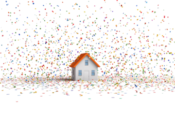Small white house with orange roof amidst falling confetti isolated on transparent background
