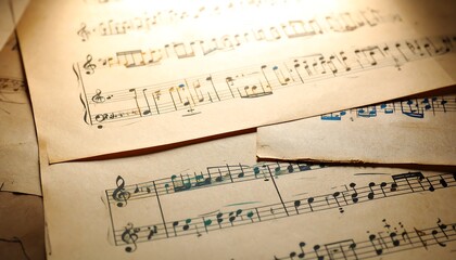 Fototapeta premium Aged musical scores with colorful annotations, creating a vintage and artistic composition