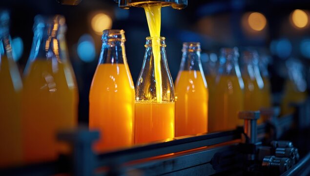 Bottling plant, juice filling, automated line, factory interior, night shift, industrial production, food manufacturing