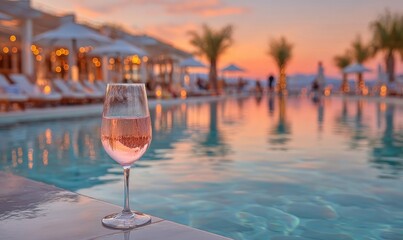 Obraz premium Pink wine glass by pool at sunset