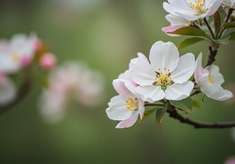 Obraz premium Delicate Apple Blossoms Blooming, White and Pink Flowers, Springtime, Nature Close-up, Green Bokeh Background.