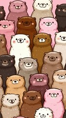 Cute bears in various colors gathered together against a pink background creating a whimsical and cheerful atmosphere