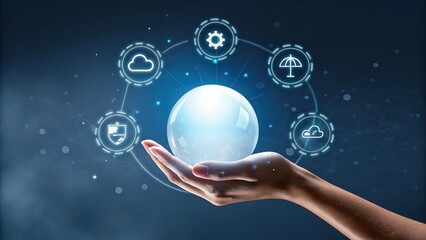 Cloud computing security technology data protection hand holding sphere network connection concept