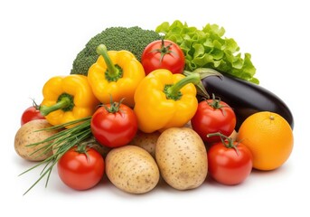Photo of a vibrant assortment of fresh, healthy vegetables including potatoes, tomatoes, bell peppers, broccoli, lettuce, eggplant, and an orange, isolated on a white background