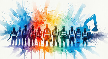 Diverse construction workers in safety vests stand united with a vibrant watercolor splash and excavator in background