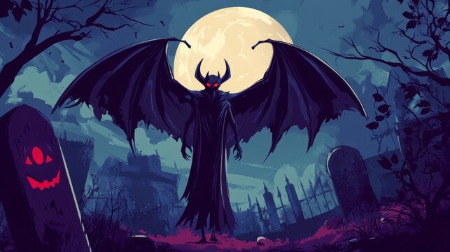 A demonic figure with large wings stands in a graveyard under a full moon.