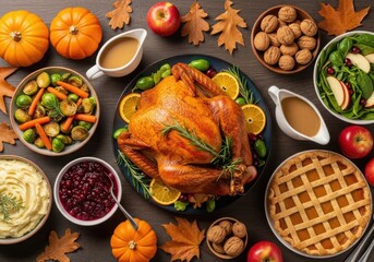 Photo of a traditional thanksgiving dinner spread featuring a whole roasted turkey, accompanied by various side dishes, gravy, cranberry sauce, and pumpkin pie, set on a rustic wooden table