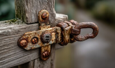 Close-up of rusty latch on weathered wooden gate