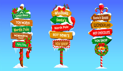 Christmas and Xmas wooden sign board and north pole signage for winter holiday, cartoon vector. Christmas signboard or signpost boards with Welcome to Santa house and gifts shop with Xmas decorations
