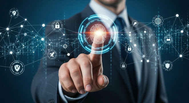 Businessman using fingerprint scan with security icons and network connections interface - Powered by Adobe