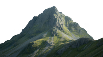 Majestic jagged mountain peak with green slopes isolated on transparent background
