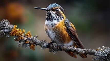 A vertical HD shot of a speckled hummingbird resting in stillness on a lichen-covered branch, background artistically blurred in natural tones.