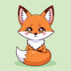 Obraz premium Cute sitting cartoon fox with large sparkling eyes blushing cheeks and a fluffy tail.