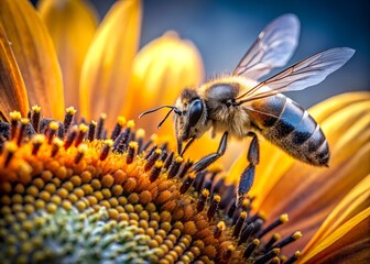 A bee collecting pollen from a vibrant sunflower, showcasing the beauty of natures pollination process