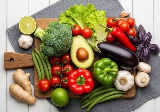 Photo of a vibrant assortment of fresh, healthy vegetables and fruits artfully arranged on a wooden cutting board, showcasing a colorful and nutritious selection for healthy eating