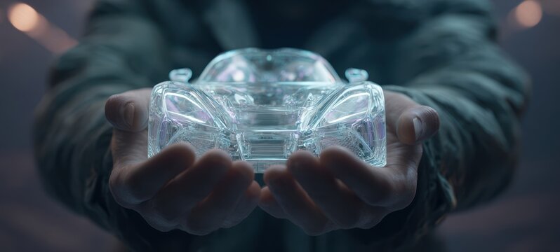 The transparent car model held delicately in hands against a dramatic background.