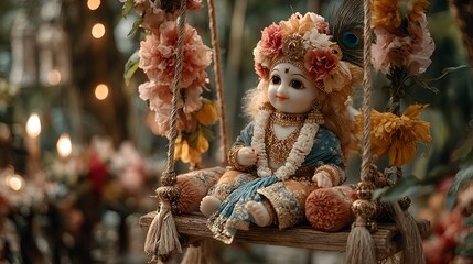 Fototapeta premium Decorative Child Doll Sitting on Swing with Flowers in Traditional Ethnic Outfit
