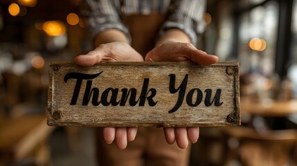Hands Holding Wooden Thank You Sign in Cozy Cafe Setting
