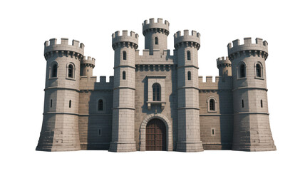 Majestic stone medieval castle with tall towers isolated on transparent background