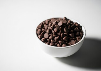 Fototapeta premium Photo of a white bowl filled with dark chocolate chips, isolated on a white background, perfect for baking or as a sweet treat
