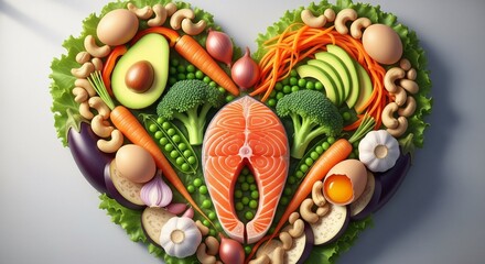 Obraz premium Creative food composition in the shape of a human heart made from various healthy ingredients including salmon fillet, avocado, broccoli, carrots, peas, eggs, garlic, onions