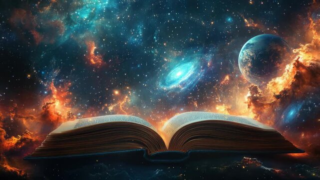 Open ancient book floating in a vibrant nebula filled with glowing stars and distant planets. Symbolizes universal knowledge, endless discovery, profound understanding, and intellectual growth.