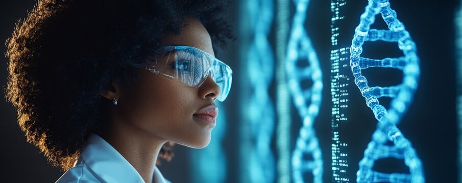 Side profile of a Black female data scientist analyzing information on screen using AI and machine learning to extract strategic predictions for business and finance, Generative AI