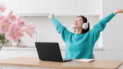 A happy Asian woman with headphones and a laptop, raising her arms in a gesture of celebration and freedom while working or studying from home.