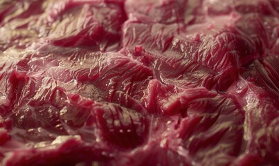 Extreme closeup on textured surface of raw red beef meat ingredient
