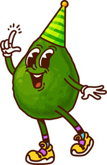 Cartoon groovy mexican avocado character on birthday party. Healthy diet ripe tropical fruit groovy isolated vector cheerful character, happy 60s mascot. Natural avocado cute personage in birthday hat