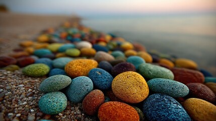 Colorful pebbles on a sandy beach near water