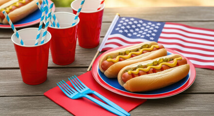 Delicious hot dogs with colorful toppings and american flag for a festive outdoor summer celebration