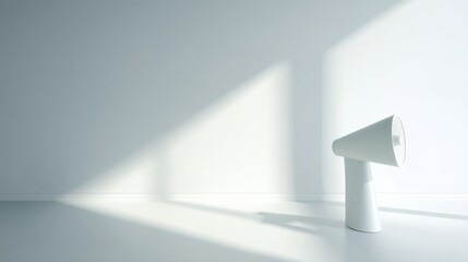A minimalist interior with white walls and floor features a modern cone shaped lamp casting sharp shadows,