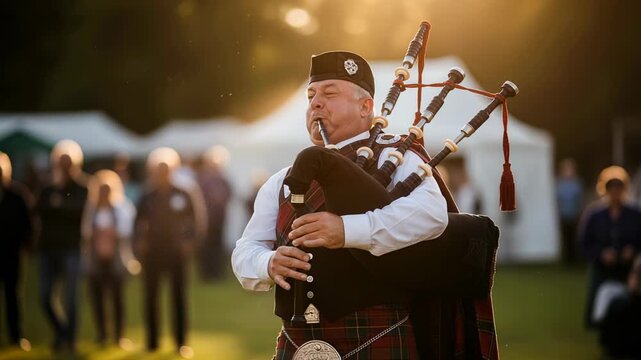 Scottish bagpiper showcases Great Highland Bagpipe skills during cultural festival performance at sunset