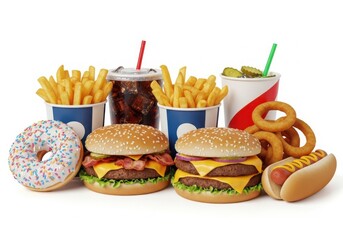 Photo of a delicious assortment of fast food including burgers, hot dog, french fries, onion rings, a doughnut, and a soda, isolated on white background