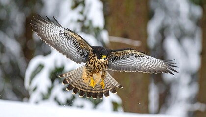 Peregrine Falcon in Flight Majestic Bird Soaring Through Snowy Winter Forest.