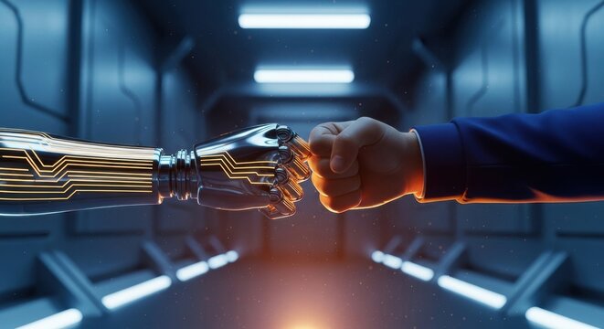 Technology partnership shown by glowing robotic and human fists in dimly lit futuristic hallway