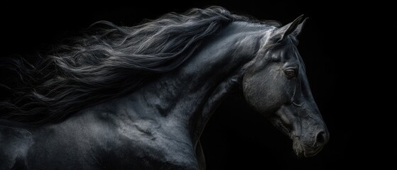 The Majestic Black Horse Displays Grace and Elegance in Profile View.