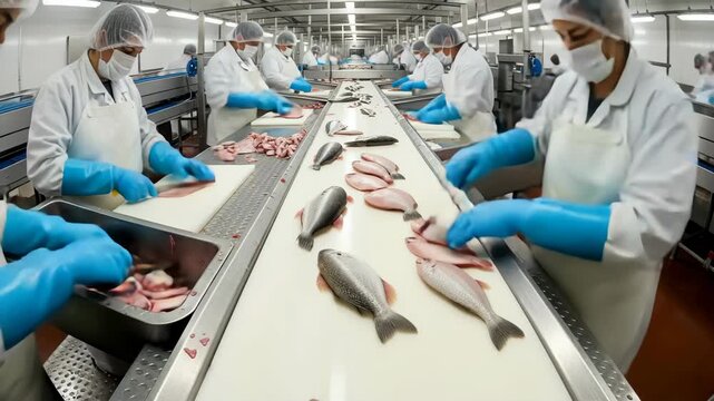 Timelapse of workers processing and cleaning fresh fish on conveyor belt in industry.